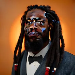 a black man with long dreadlocks, an unkempt beard, and colorful robes.