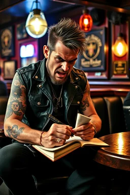 A very angry and bitter punk rocker sitting on a pub looking very angry, writing in his notebook new songs for his punk rocker band