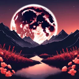 a full moon is rising over a mountain landscape with flowers, beautiful avatar pictures, red tears, within radiate connection, 9 4, image full of reflections, orange glow, connectedness, ios, enter night