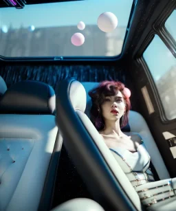 Ultra realistic back seat of limousine image, wide angle view, Alice woman and white rabbit man, many color balls, circus clothing, long hair, smoke, feather long coat, soft color, highly detailed, unreal engine 5, ray tracing, RTX, lumen lighting, ultra detail, volumetric lighting, 3d, finely drawn, high definition, high resolution.