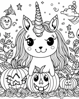 A unicorn with pumpkins and ghosts, kawaii style, fine lines, black and white, coloring page