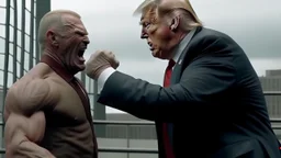 High quality medium shot of Senator Armstrong getting repeatedly punched by Donald Trump, epic, buff, standing, rooftop, dust