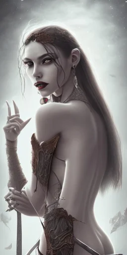 Vampire lady portrait, inspired by the story of vampire, Hot outfit, brown v-slash long hair, portrait, 8k 12k resolution, and goddess body, pretty beautiful