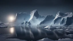 antarctica at night,glaciers,lakeside,8k, volumetric lighting, Dramatic scene,