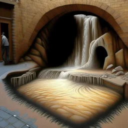 Sepia art illusion, chalk art, Julian Beever, Wall, waterfall river