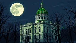 digital painting, A large, ornate green domed building with intricate architectural details, surrounded by bare trees against a night sky with a full moon, bold and slim lines, brush strokes