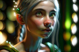 Detailed close-up photo-realistic portrait of a cute elf teen, cropped image showing left side of face, boyish features, staring towards left of camera, long thick silver hair, luminous eyes, flawless skin, freckled cheeks, innocent look, awestruck, long eyelashes, contrasting lighting, bokeh in background,