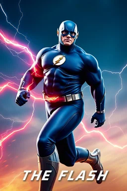 1/4 side view, looking at the viewer, Movie Poster - "THE FLASH" - A massive, thick, extremely muscular, 7'8" tall man, ((skintight, formfitting, long-sleeved, Blue spandex bodysuit:1.5)), ((Silver knee-high boots:1.5)), ((Silver wrist gauntlets, blue fingerless gloves, silver, double holstered utility belt:1.5)), ((skintight, formfitting, blue spandex helmet with blue eye disguise,:1.5)), Running, multicolored lightning emanating from his body, an overly exaggerated muscular stature