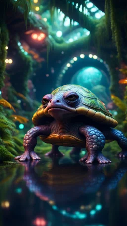 Psychedelic hypnotic steam breathing space gremlin alien turtle dragon with hair like a bald rocker, in dark lit reflective wet jungle metallic hall dome hotel tunnel, in the style of a game,bokeh like f/0.8, tilt-shift lens 8k, high detail, smooth render, down-light, unreal engine, prize winning