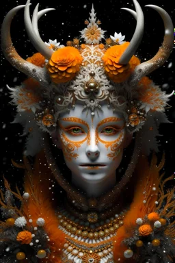 Woman humanoid reindeer queen portrait with extremely textured skin and Golden dust white floral crown and fur, adorned with white and light ginger berry colour snowy leaves and snow flblack. Orchid with small seapearls ornate crystal lace, wearing pearl black lace effect Halloween costume and masque Organik bio spinal ribbed detail of snowy orange candle athmoshpheric full. Ornate floral background white spider web and a pumpkin around extremely detailed hyperrealistic maximálist concept ar 64K