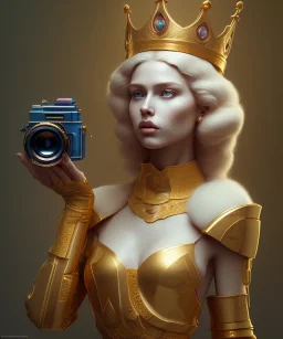 Statue of Queen of photography holding camera in hands. Cute blonde woman. Photographer in golden crown. Standing on the street. Big camera in her hand. hyperdetailed, photorealistic, trending on artstation, greg rutkowski, beksinski, kodachrome, volumetric lighting, gold and cyan