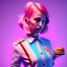 waitress teenager, color makeup, pink hair, hamburger with chips in tray, rounded face, shirt, vibrant color, cyberpunk style, highly detailed, art stations, concept art, smooth, unreal engine 5, god rays, ray tracing, RTX, lumen lighting, ultra detail, volumetric lighting, 3d, finely drawn, high definition, high resolution, gradient background