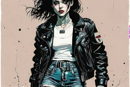 Create and fine print full body illustration of a Goth Girl with finely lined and detailed facial features in a battered leather jacket adorned with patches from countless encounters, torn black skirt ,battered combat boots, and a riotous assortment of belts and buckles that jingled with every step, in the graphic novel style of Bill Sienkiewicz, and Jean Giraud Moebius, precisely drawn, colored and inked