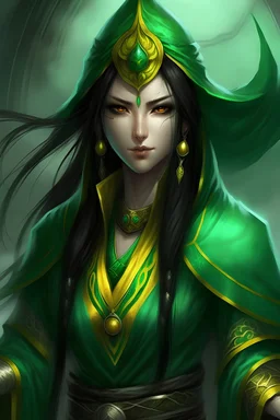 yuan-ti female sorcerer with green skin, black hair, yellow eyes