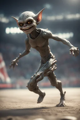 hyper fast gremlin long jump with javelin in the Olympics in the style of Giger and fallout 4 ,,bokeh like f/0.8, tilt-shift lens 8k, high detail, smooth render, down-light, unreal engine