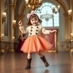 a 2 years old girl in modern clothing and makeup dancing with cute and joy with pertty boots in a modern royal hall