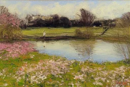 amazing sunny spring day, trees, flowers, fence, little pond, philip wilson steer impressionism painting