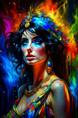 fire, lightning, wind, rain, volcanic lava, fireworks, explosions, multicolored neon lights, Elizabeth Taylor as Cleopatra in the art style of Leonardo De Vinci, oil paint on canvas, 32k UHD, hyper realistic, photorealistic, realistic, life-like, extremely detailed, extremely colorful, sharp beautiful professional quality,