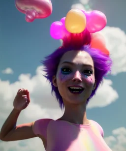 Ultra realistic speed clouds sky scene, wide angle view, sweet women falling down, inflatable color clothing, free jumping flying, many trinkets, hair monster. many jelly beans, balls, color smoke, smile, happy, circus style, extreme, wind, 20,000 feet altitude, stratosphere, soft color, highly detailed, unreal engine 5, ray tracing, RTX, lumen lighting, ultra detail, volumetric lighting, 3d, finely drawn, high definition, high resolution.