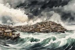 an abstract ink wash and watercolor illustration of a storm tossed, highly detailed coastal fishing village with ominous thunderheads and pounding surf , finely drawn and inked, 4k, hyper detailed and vibrantly colored