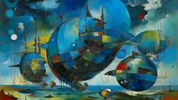 A cyan thunderstorm sky with airships painted by Wassily Kandinsky