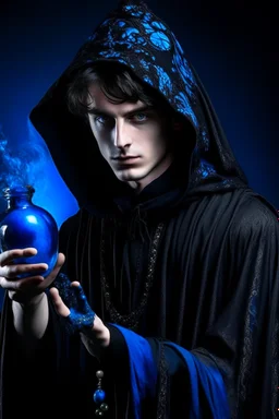 black hair, blue eyes,19year old, male, wearing black robes, alchemist, holding a flask full of blue liquid,wearing crumpled black pointed hat, in the style of Harry Clarke