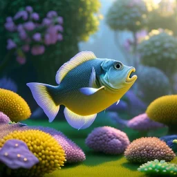 pixar style, volumetric summer garden environment and background, realistic painting of a fish, looking excited, detailed digital painting, extreme dense and fine fur, anime, ornate, colour-washed colors, elegant, small minutiae, tiny features, particulars, centered, smooth, sharp focus, renderman gofur render, 8k, uhd, detailed eyes, realistic shaded volumetric lighting, sunlight caustics, backlight, centered camera view