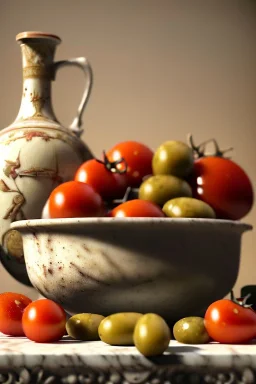 renaissance style still life composite, Ravioli pasta with natural cherry tomato, albahaca, olives, olive oil bottle. Dish, moisture, art, natural, ornaments, ceramic, marble, high kitchen, smooth, god rays, unreal engine 5, ray tracing, RTX, lumen lighting, ultra detail, volumetric lighting, 3d.