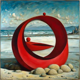 Odd red sculpture, realistic, beach, Max Ernst