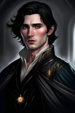 A white male with black hair, blue eyes, in fine noble medieval fantasy clothes.