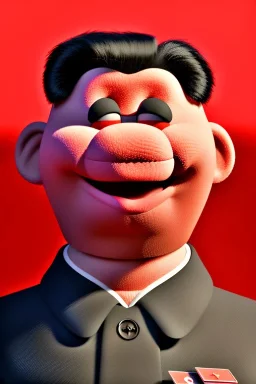 Waist up muppet Portrait, Kim Jong-un muppet doll, black suit, photo studio, red background, unreal engine 5, concept art, art station, god lights, ray tracing, RTX, lumen lighting, ultra detail, volumetric lighting, 3d.