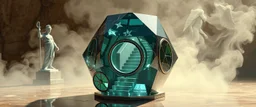 FOLLY, roman athlete guardian of xtal artifact, oracle smoke, perfect geometry, niad, greek gods and heroes, the chariot, the fool and the tower tarot card disaster rendered in magnificient 4d glossy marble stones reflective and wet, like mirrors, winding stairs, watchers, statues of perfect transparent dented glass octahedron dice spaceship with oval interference door