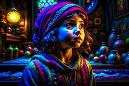 little palestinian girl, insanely detailed artwork , vibrant deep colors, magnificent hyperdetailed, maximalist, HDR, 16k resolution, trending on ArtStation, CGSociety, sharp focus, stained glass background resolution HDR