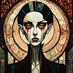 create an abstract, cubist, highly ethereal, darkly magical full body illustration of a deeply sorrowful, savage Nosferatu vampire girl with highly detailed and deeply cut facial features, in the style of GUSTAV KLIMT, EDWARD BURNE-JONES, WILLIAM MORRIS, and KATHE KOLLWITZ combined with the comic art style of BILL SIENKIEWICZ and JEAN GIRAUD MOEBIUS, searing lines and forceful strokes, precisely drawn, inked, and darkly colored