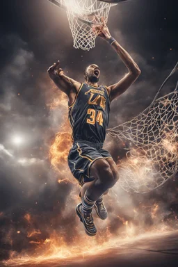 8k, highly realistic and detailed image of a NBA basketball player in action dunking the ball in the net, sweaty hair, screaming look,action and smoke and flames background