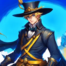 White male with a top hat and blue hair and blue eyes