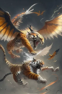 A flying tiger with wings is fighting with a dragon.