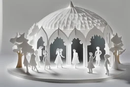 A small market made of 6 whimsical, white gazebos with people walking by. A papercraft composition made of lightweight white cardboard, on a light background. Centered in the frame, with ample white space around. Papercraft, fairytale, children popup book, soft shadows, ambient occlusion, studio lighting, high quality studio advertising photography, 8k, tim burton, nightmare before christmas, pointy sharp gothic look, sleepy hollow, corpse bride, edward scissorhands, carillon.