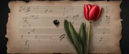 Hyper realistic red tulip on the side of a vintage paper with harmonica instrument & small musical notes with dark background