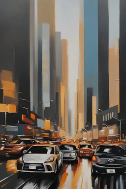 adults oil painting of a cityscape with tall buildings and busy streets, style=oil painting, no outline