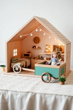 doll house with doll camping wagon
