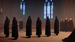 black robe hooded monks in the chapel