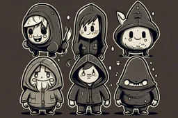 6 simple shaped hand drawn cartoon characters that are cute dark and have hoodies