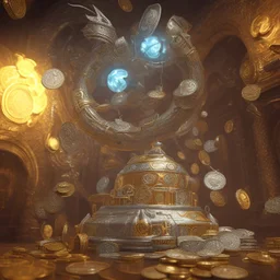 dynamic lighting, Intricately detailed, Splash screen art, deep color, Unreal Engine, volumetric lighting, silver coins, chest full of silver coins, vault of treasure, bank vault,