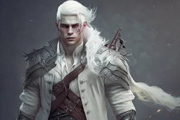 A Fantasy Human, a white masculine human with medium white hair. Battle Scars. Full body. Military clothes. HD