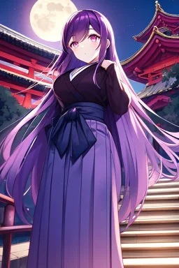 girl, masterpiece, best quality, cinematic lighting, detailed outfit, vibrant colors, perfect eyes, purple hair, pink eyes, long hair, looking down, hakama, shrine, moon, stairs,