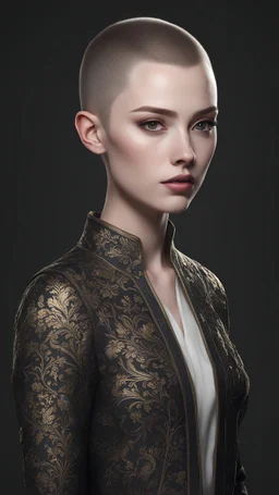 ((young woman pale skin)), dark background, mid shot, full body, neutral expression, buzzcut hair, ultra realistic, highres, superb, 8k wallpaper, extremely detailed, intricate, limited palette,