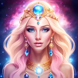 donna cosmica in uniforme galattica dorata , viso bellissimo e sorridente, lineamenti delicati, capelli lunghi biondi rosa azzurri sfera di cristallo blu sulla fronte, diadema, gioielli bellissimi con pietre preziose