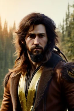 Human Male Druid character, brown hair, long hair, wild hair, yellow eyes, scars on body, waist up portrait, 4k resolution, intricate details, ornate details, soft lighting, vibrant colors, retroanime, masterpiece, natural background, realistic