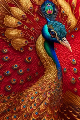 peacock, red and gold tones, insanely detailed and intricate, hypermaximalist, elegant, ornate, hyper realistic, super detailed, by Pyke Koch